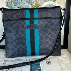Coach varsity stripe navy blue, gray black and teal teal interior NWOT COA
